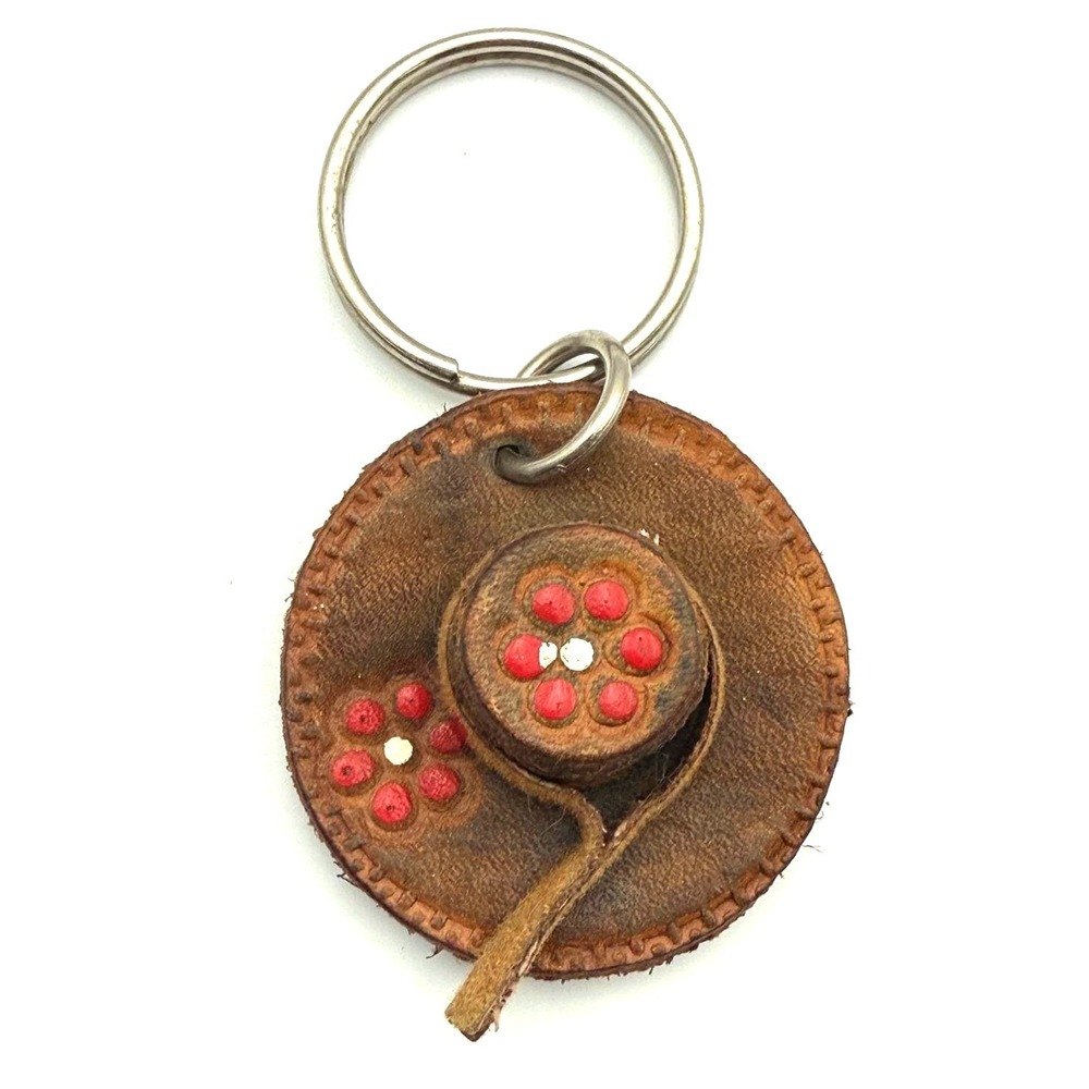 Vintage Mexico Tooled Leather Sombrero Keychain Hand Painted Floral Cowboy Hat